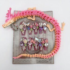 Luxury Dragon Ring Press-On Nails | Rhinestone 3D Flower | Long Coffin